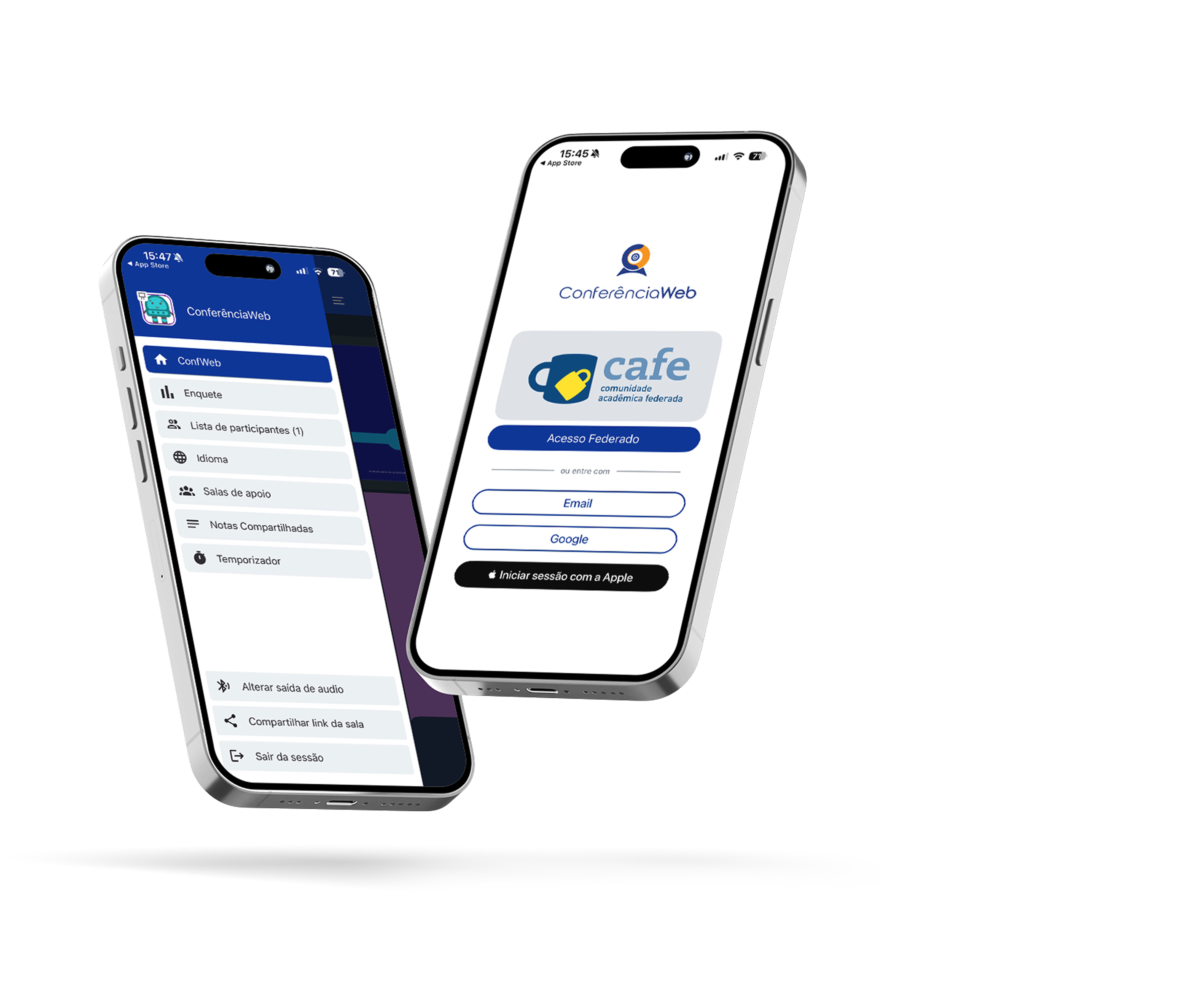 Aplicativo ConferênciaWeb em dois smartphones